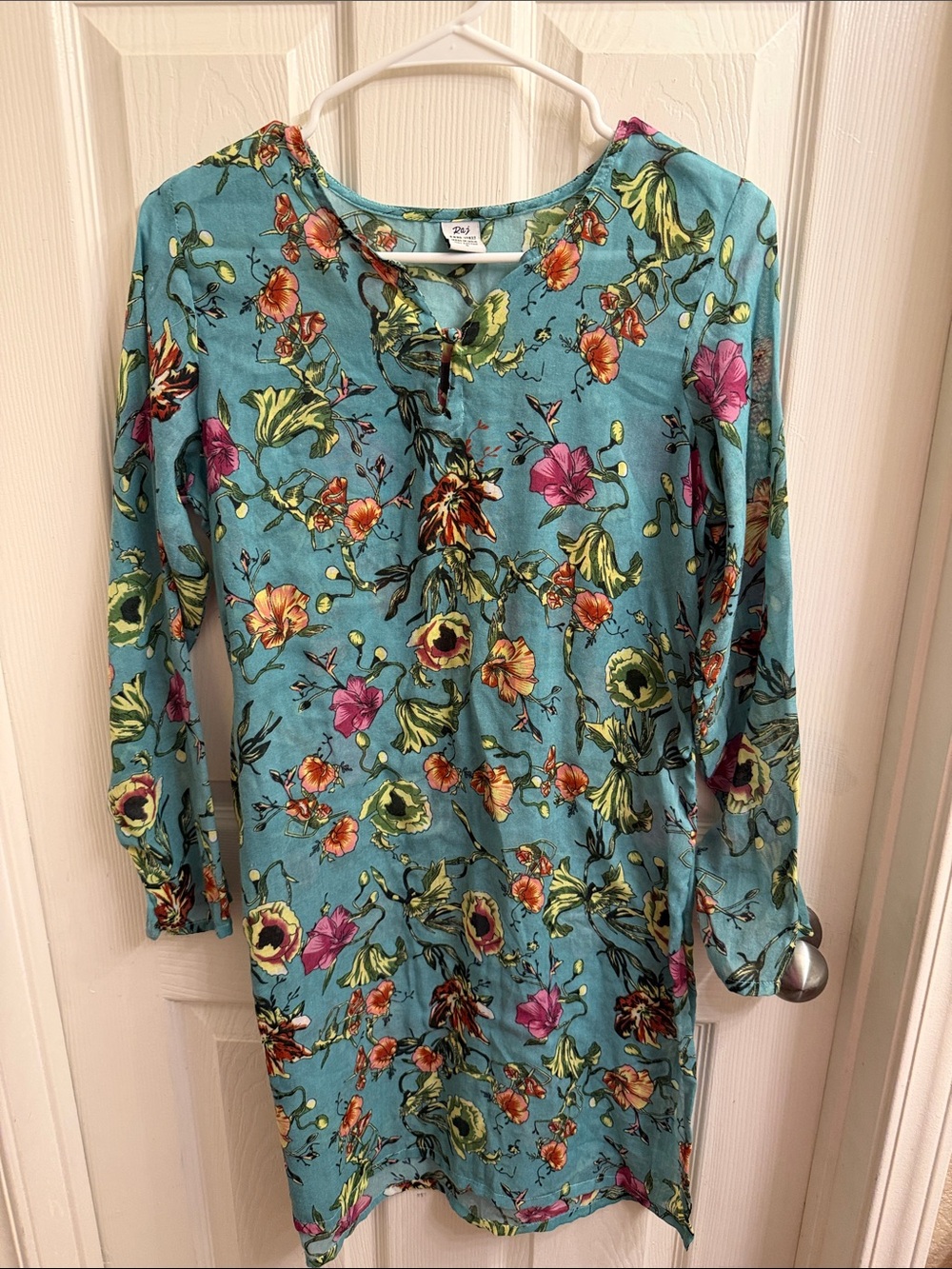 Raj Turquoise Floral Long Sleeve Dress with Pink & Orange Accents